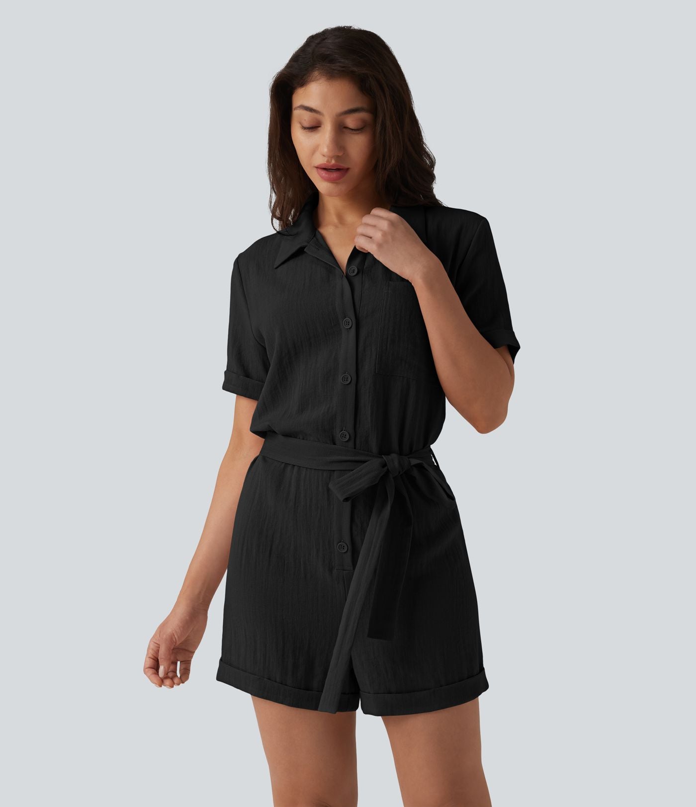 Combishort chemise manches courtes effet lin, avec ceinture et poche