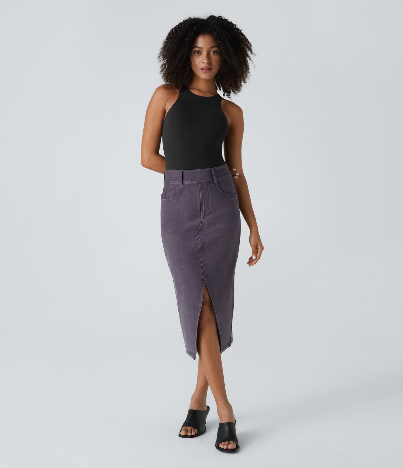 Halara Flex™ Jupe Mi-longue Casual En Denim Extensible Coloré A Poches Multiples Taille Haute