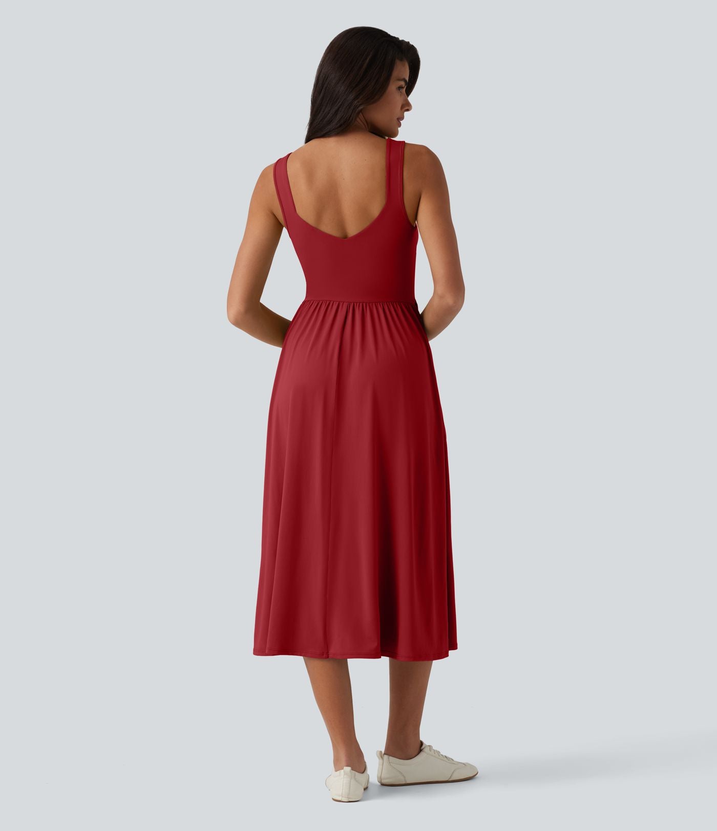 Robe midi fluide sans manches dos croisé, avec brassière intégrée (Bonnets E-G) et poches