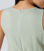Combinaison casual col rond sans manches avec cordon de serrage, aspect lin et poches