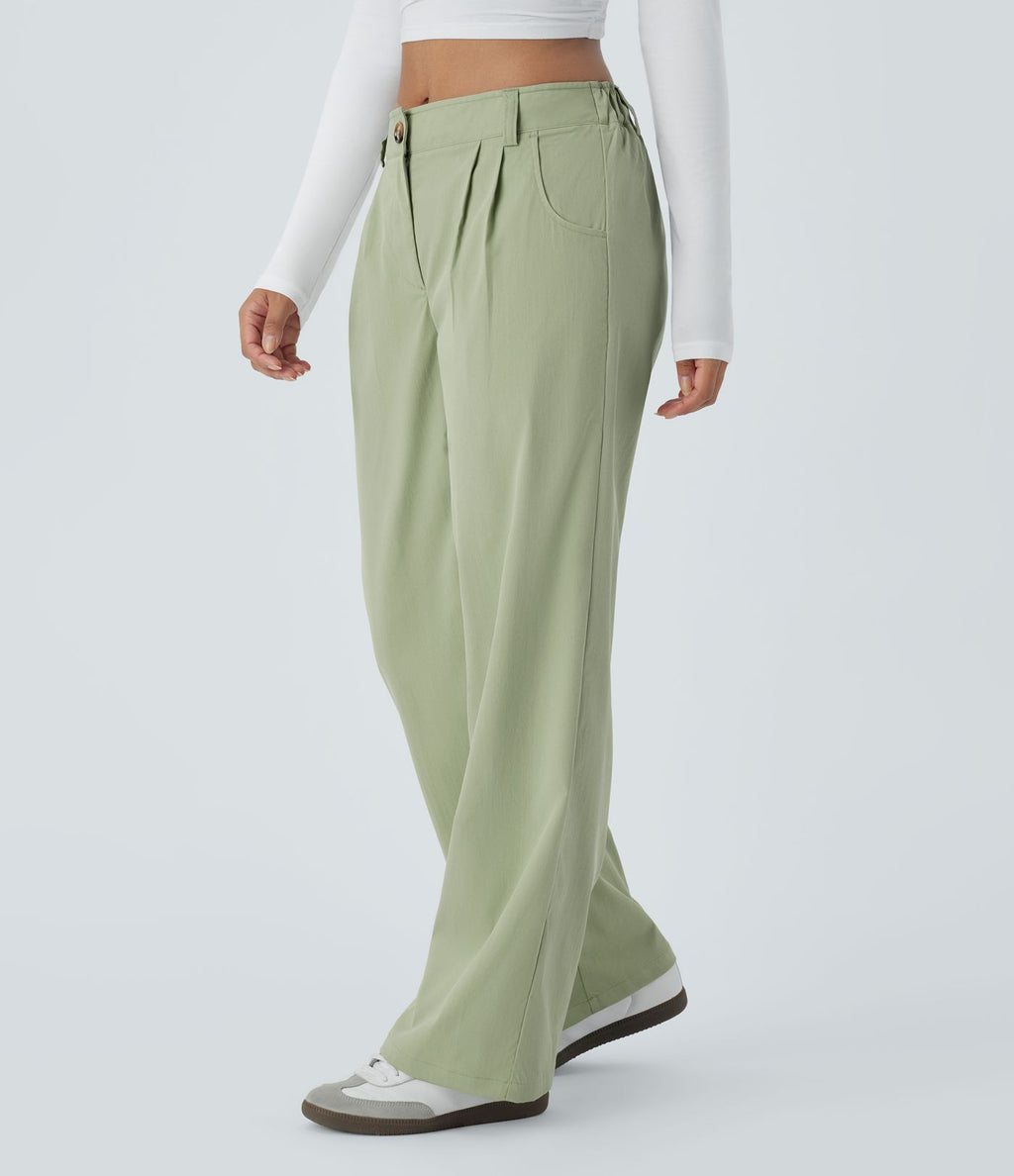 Pantalon décontracté droit taille moyenne à bouton, fermeture éclair et poches latérales