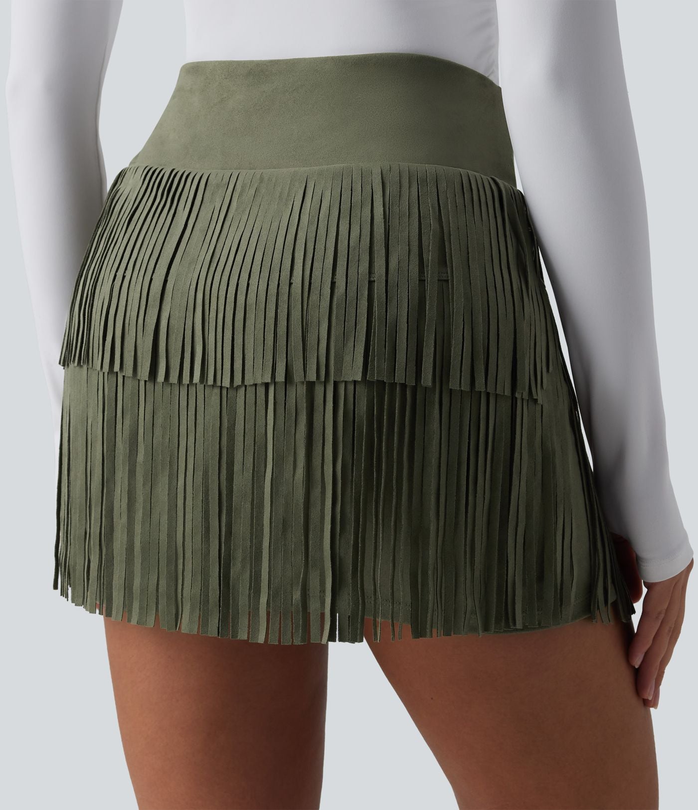 Jupe mini de soirée ajustée effet daim taille haute croisée 2-en-1 à franges