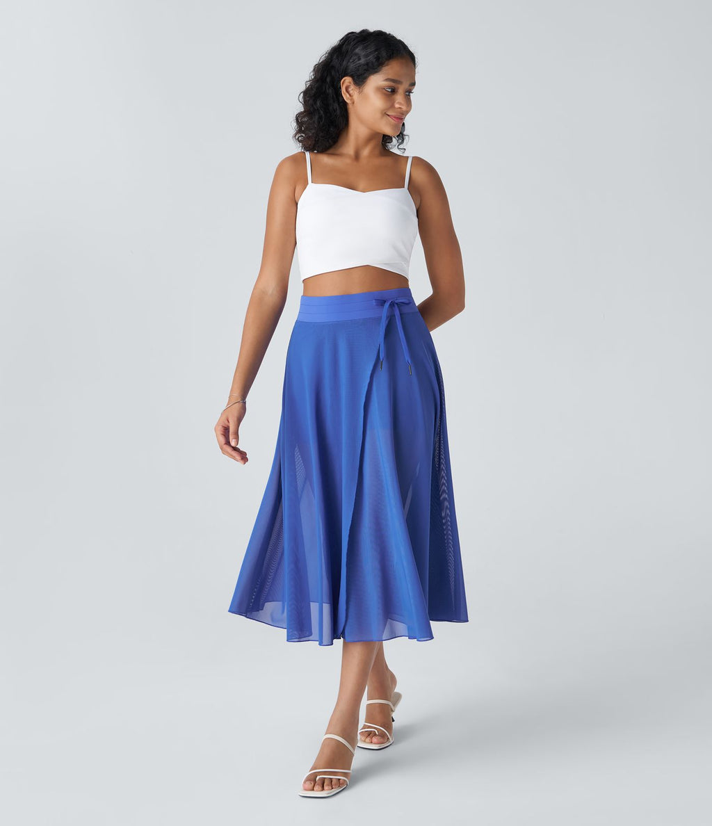 Jupe Casual Évasée Mesh Mi-Longue Fuide 2 en 1 Contrastée Taille Haute Cordon Poche Latérale