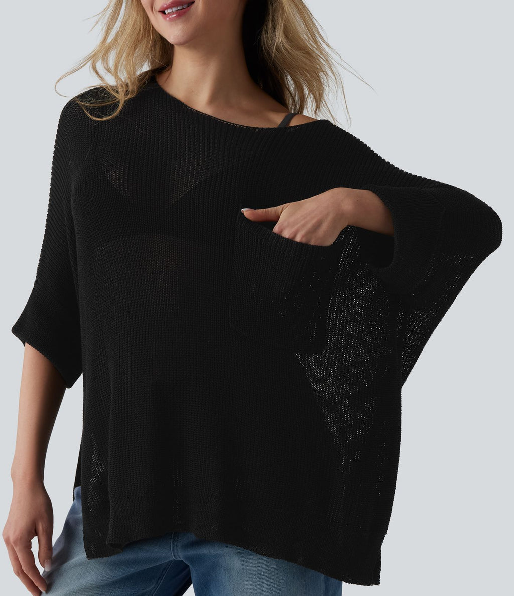 Pull décontracté oversize asymétrique demi-manches ourlet fendu avec poche