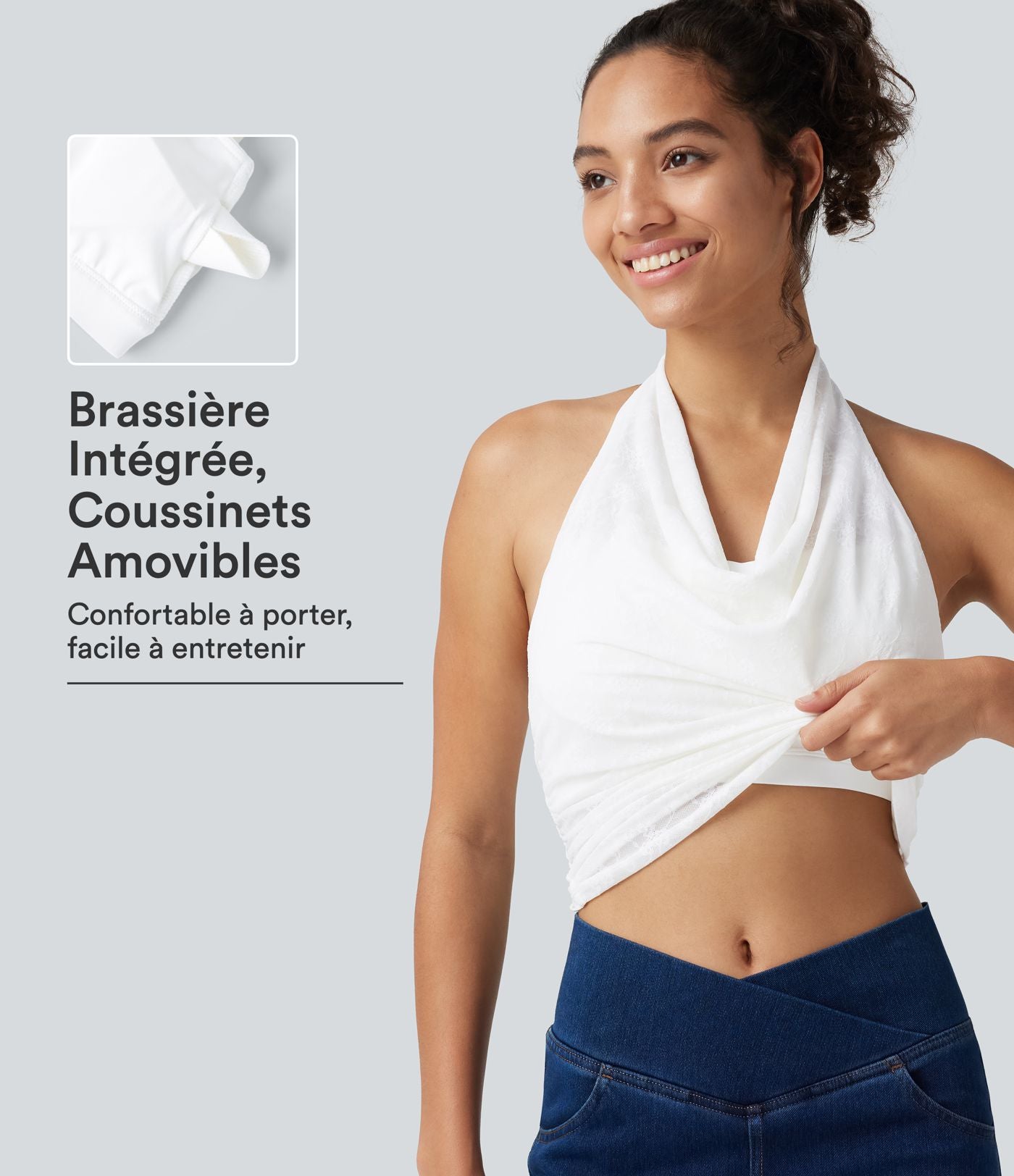 Débardeur décontracté dos nu à col bénitier, dentelle, détails froncés et coussinets amovibles