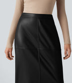 Jupe crayon midi habillée taille haute en simili cuir doublé polaire avec fermeture éclair invisible et fente