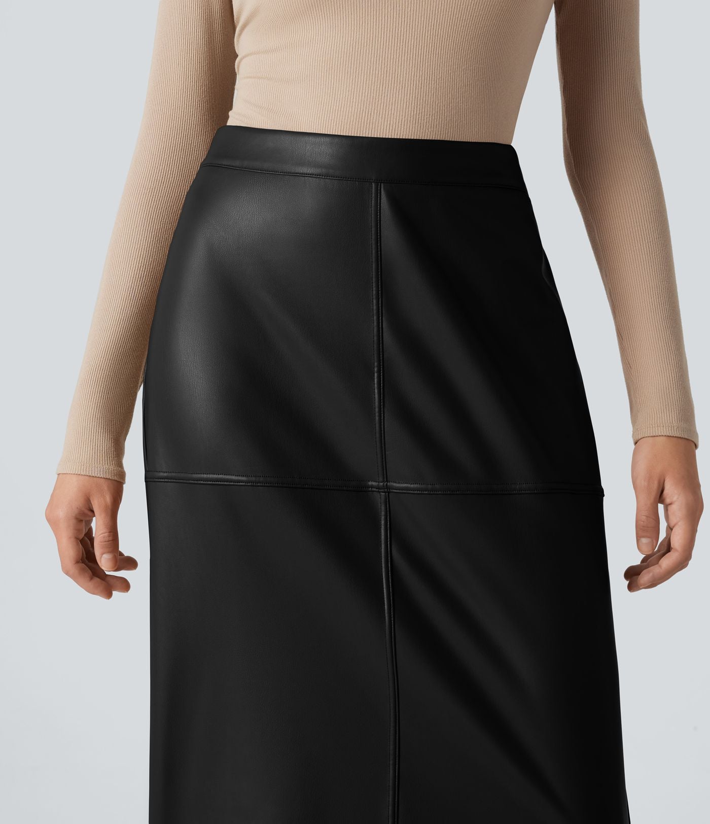 Jupe crayon midi habillée taille haute en simili cuir doublé polaire avec fermeture éclair invisible et fente