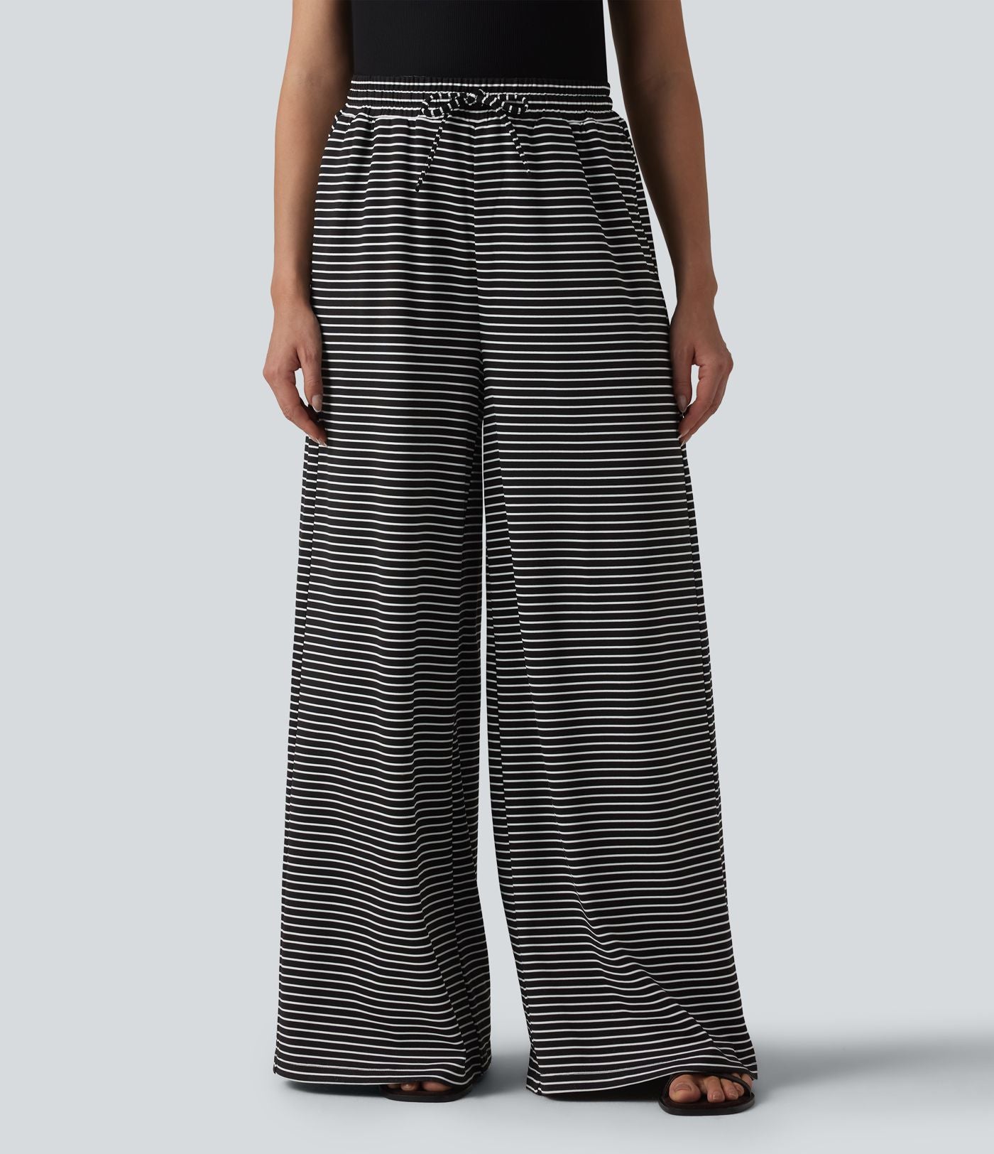 Pantalon large fluide décontracté taille haute rayé en maille côtelée avec cordon de serrage et poches