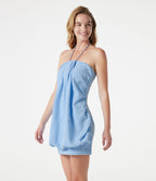 Robe micro-mini de plage moulante à carreaux vichy col halter avec brassière intégrée et lien noué au dos