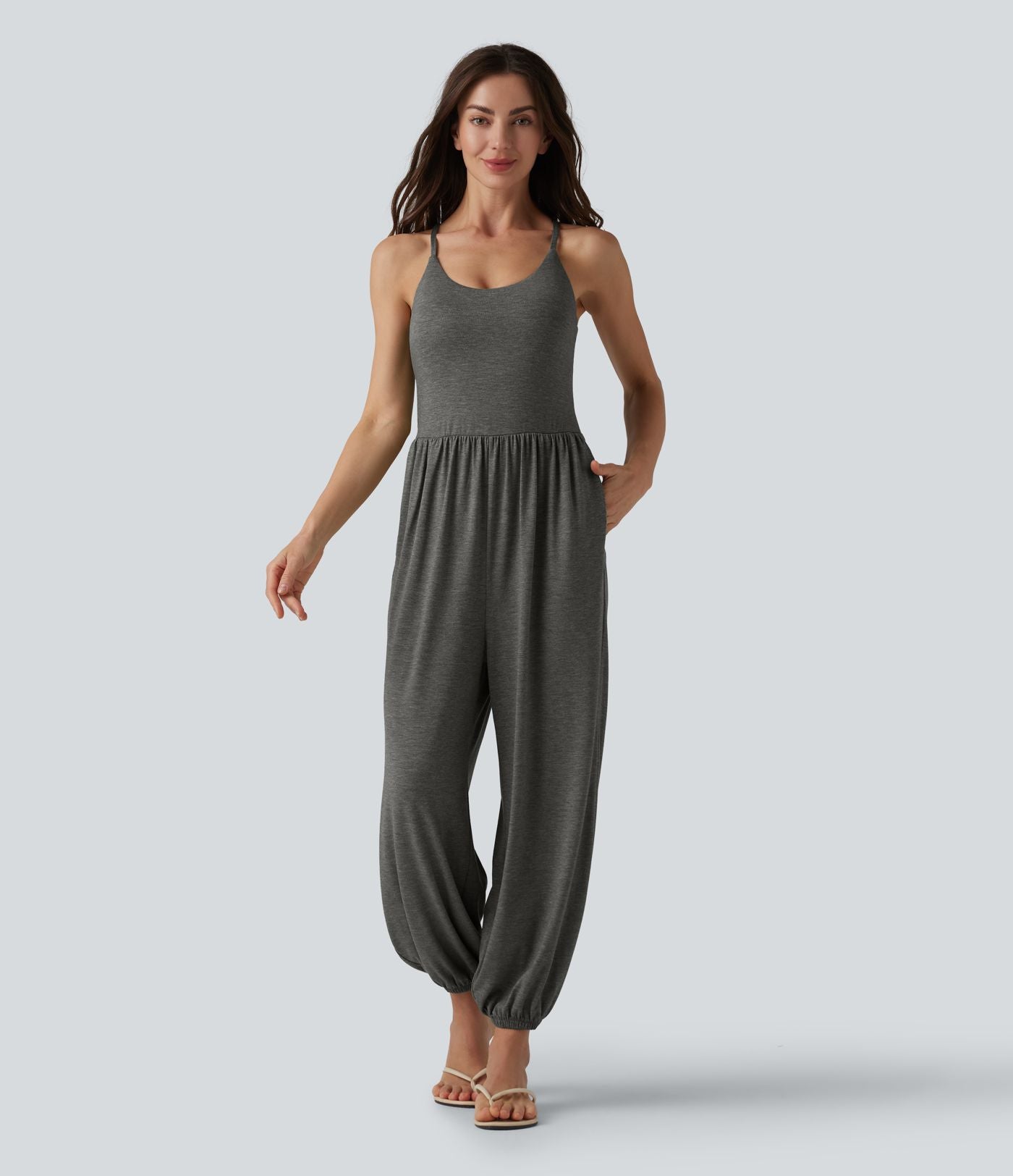Combinaison décontractée chinée sans manches à dos croisé et soutien-gorge intégré, avec poches - Easy Peasy
