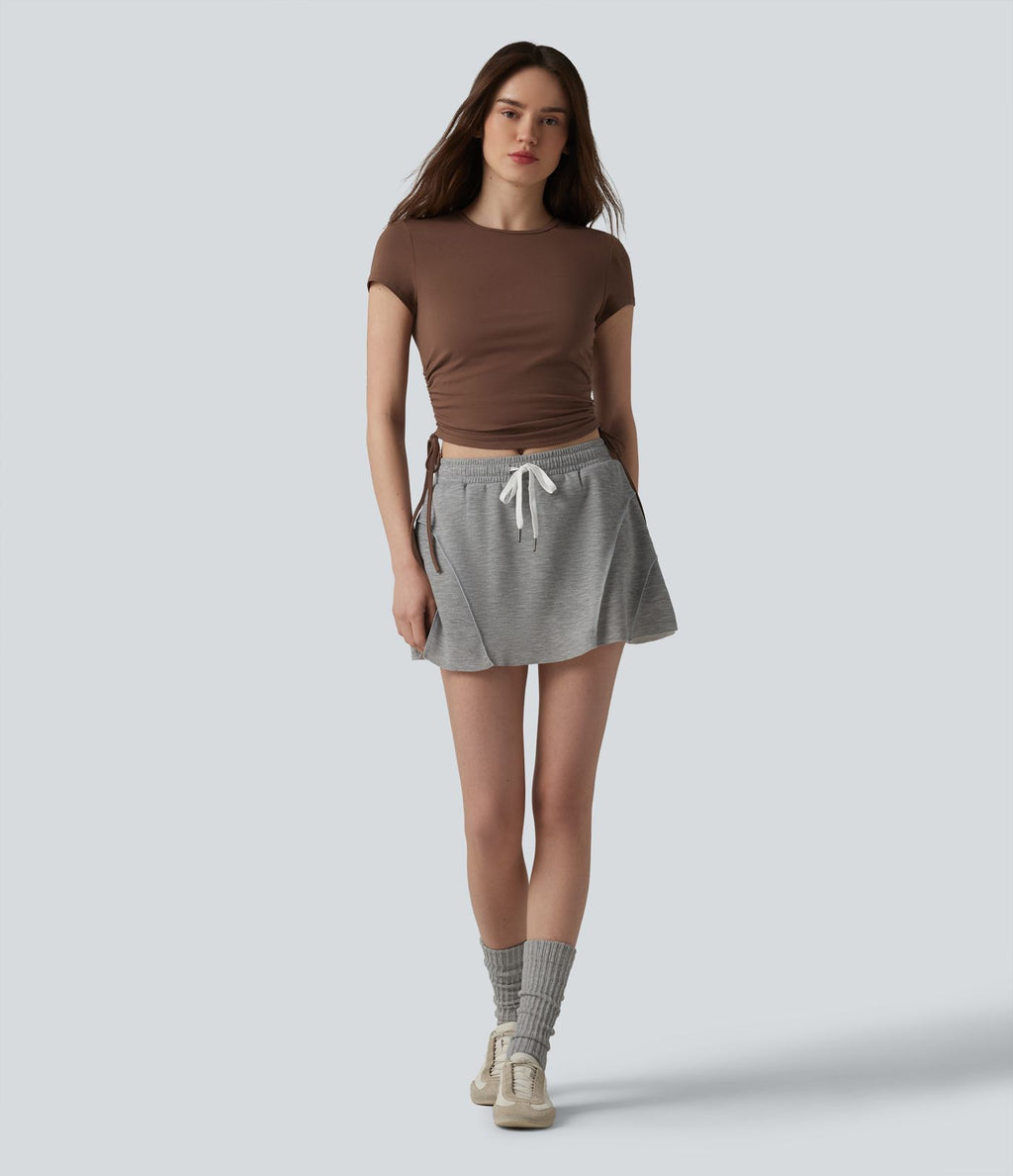 Halara T-shirt décontracté en jersey de coton à col rond, cordon de serrage, dos froncé et ouverture goutte