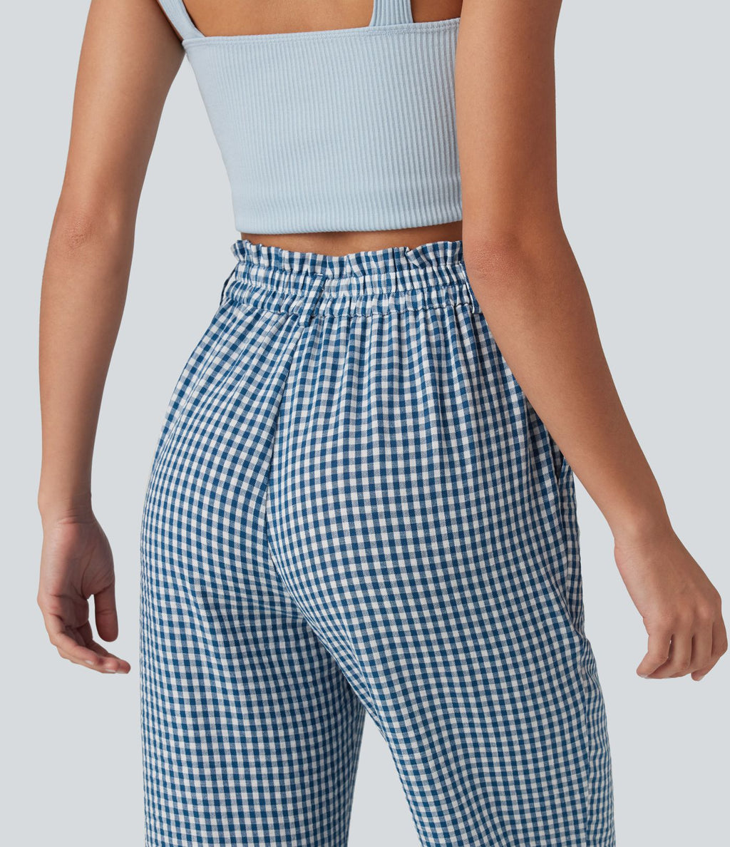 Pantalon 7/8 décontracté aspect lin à carreaux taille haute avec poches