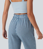 Pantalon 7/8 décontracté aspect lin à carreaux taille haute avec poches