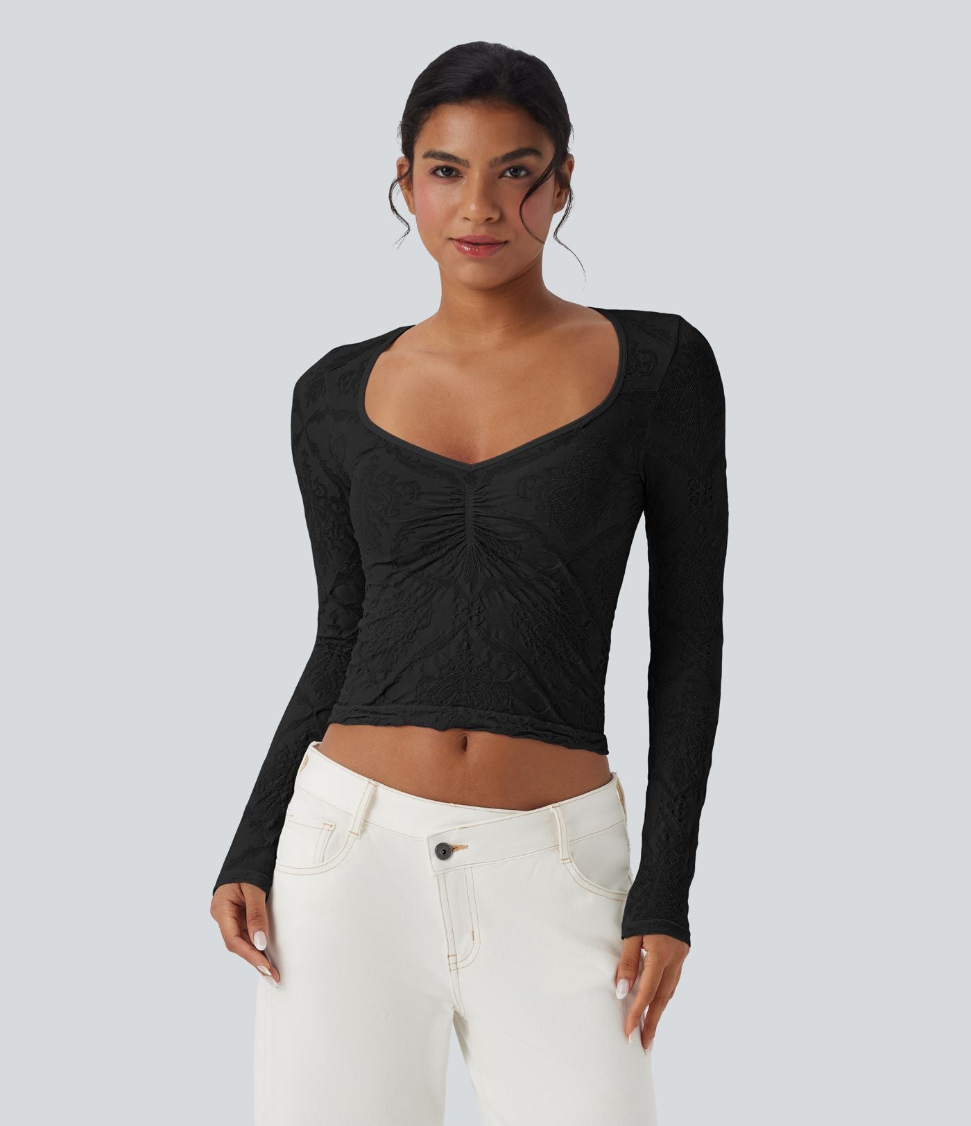 Haut de sport décolleté cœur jacquard à manches longues sans couture OneForm Seamless Flow