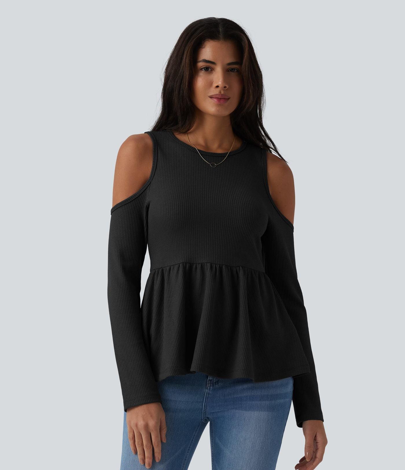 T-shirt décontracté gaufré col rond manches longues découpes ourlet à volants