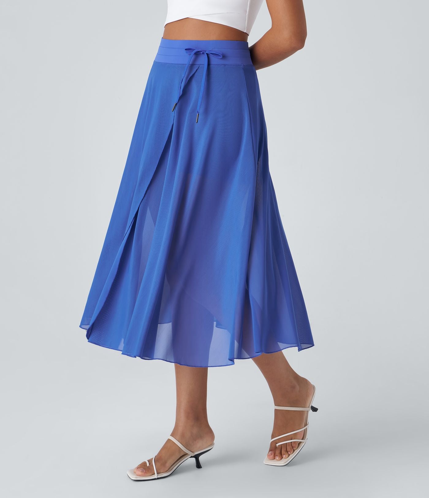 Jupe Casual Évasée Mesh Mi-Longue Fuide 2 en 1 Contrastée Taille Haute Cordon Poche Latérale