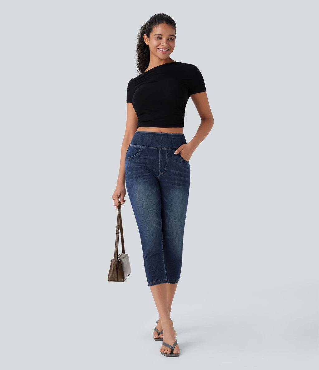 Leggings capri Halara Flex™ en jean extensible tricoté à taille haute et poches