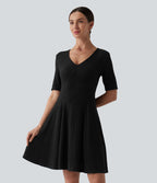 Robe mini casual évasée col V manches courtes en maille côtelée