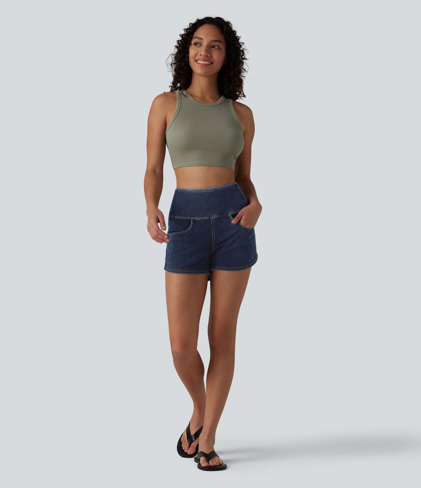 Halara Flex™ Short casual en jean skinny gainant taille haute à ourlet arrondi avec poches