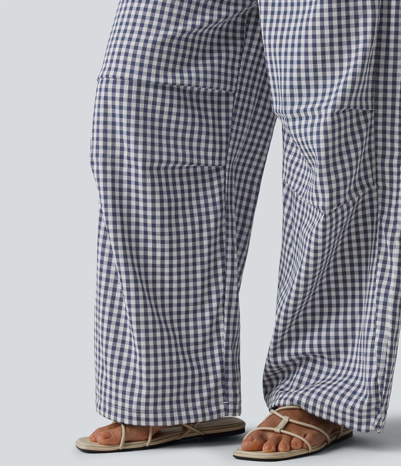 Pantalon ample décontracté à carreaux vichy, taille mi-haute, cordon de serrage et poches