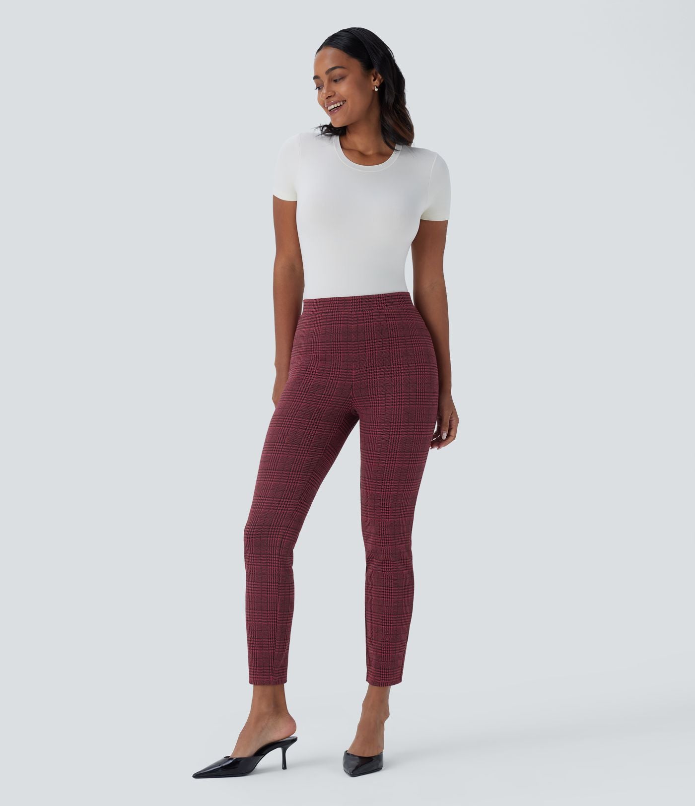 Halara Flex™ Pantalon skinny tailleur taille haute à motif pied-de-poule avec poches arrière