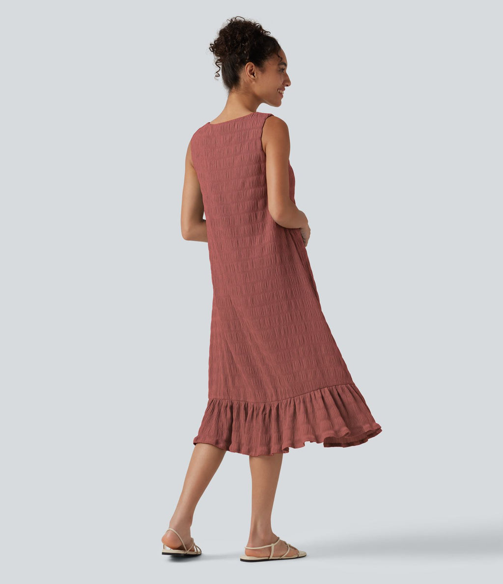 Robe midi sans manches à encolure arrondie avec coussinets amovibles et ourlet à volants