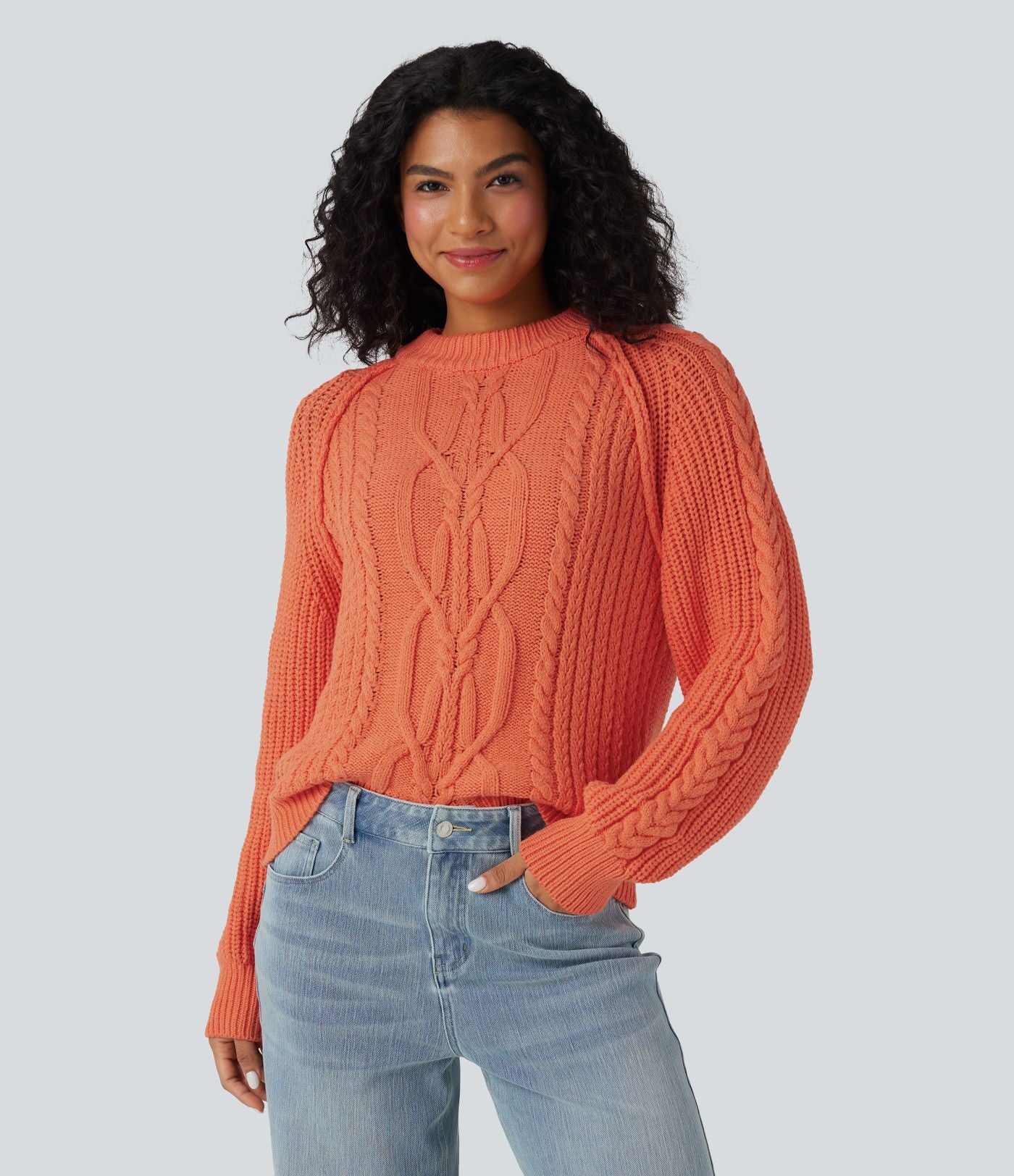 Pull décontracté maille torsadée col rond manches raglan longues coupe décontractée