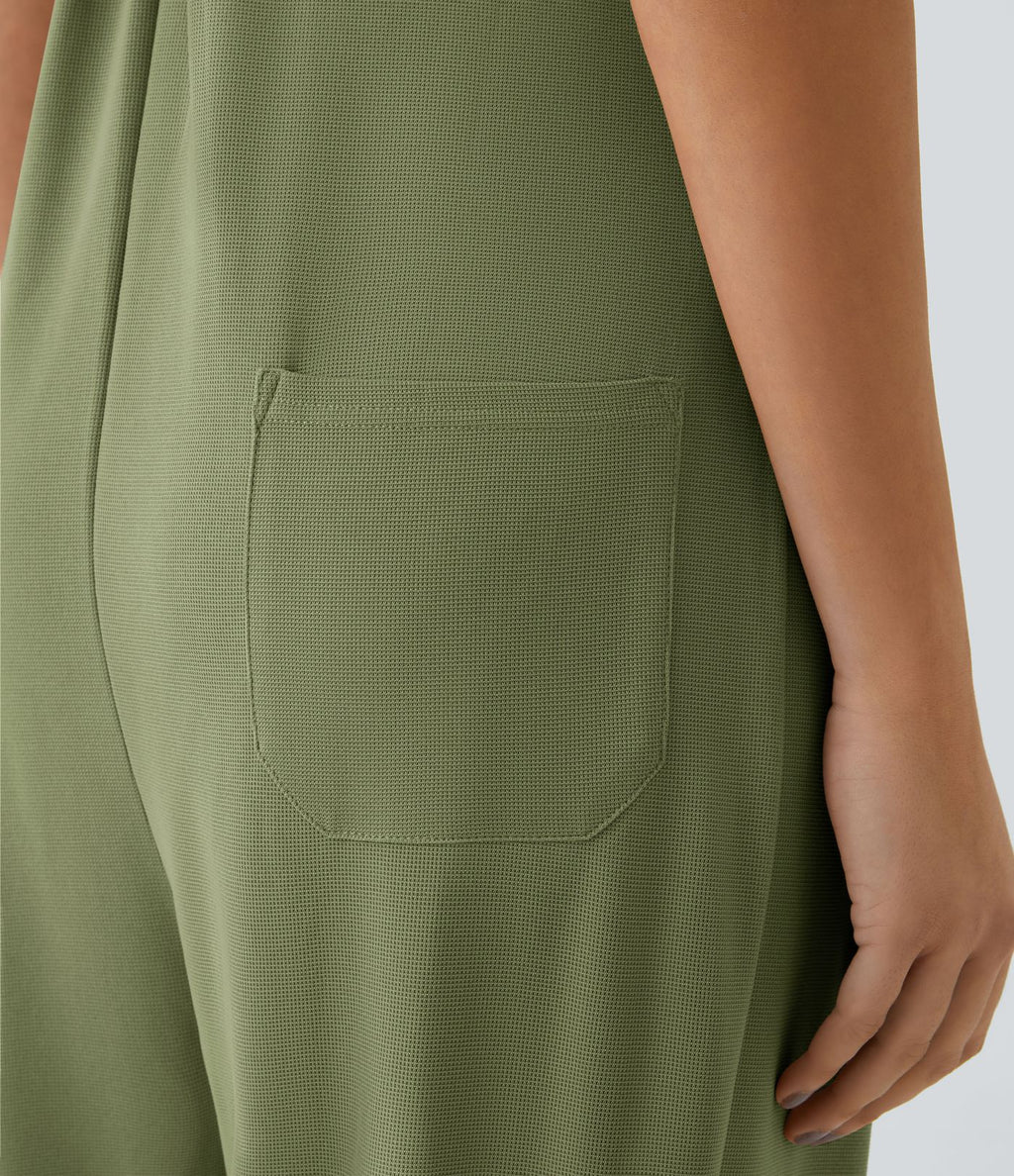 Salopette Casual Bretelles Ajustables Boutonnés Multiples Poches Plis et Tissu Gaufré