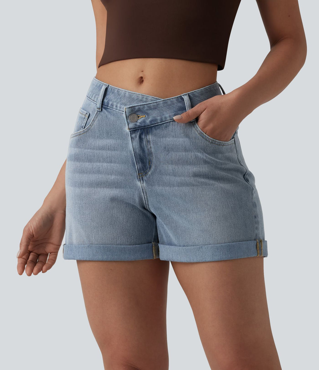 Short denim décontracté Halara Flex™ asymétrique délavé taille haute ourlet roulotté avec poches