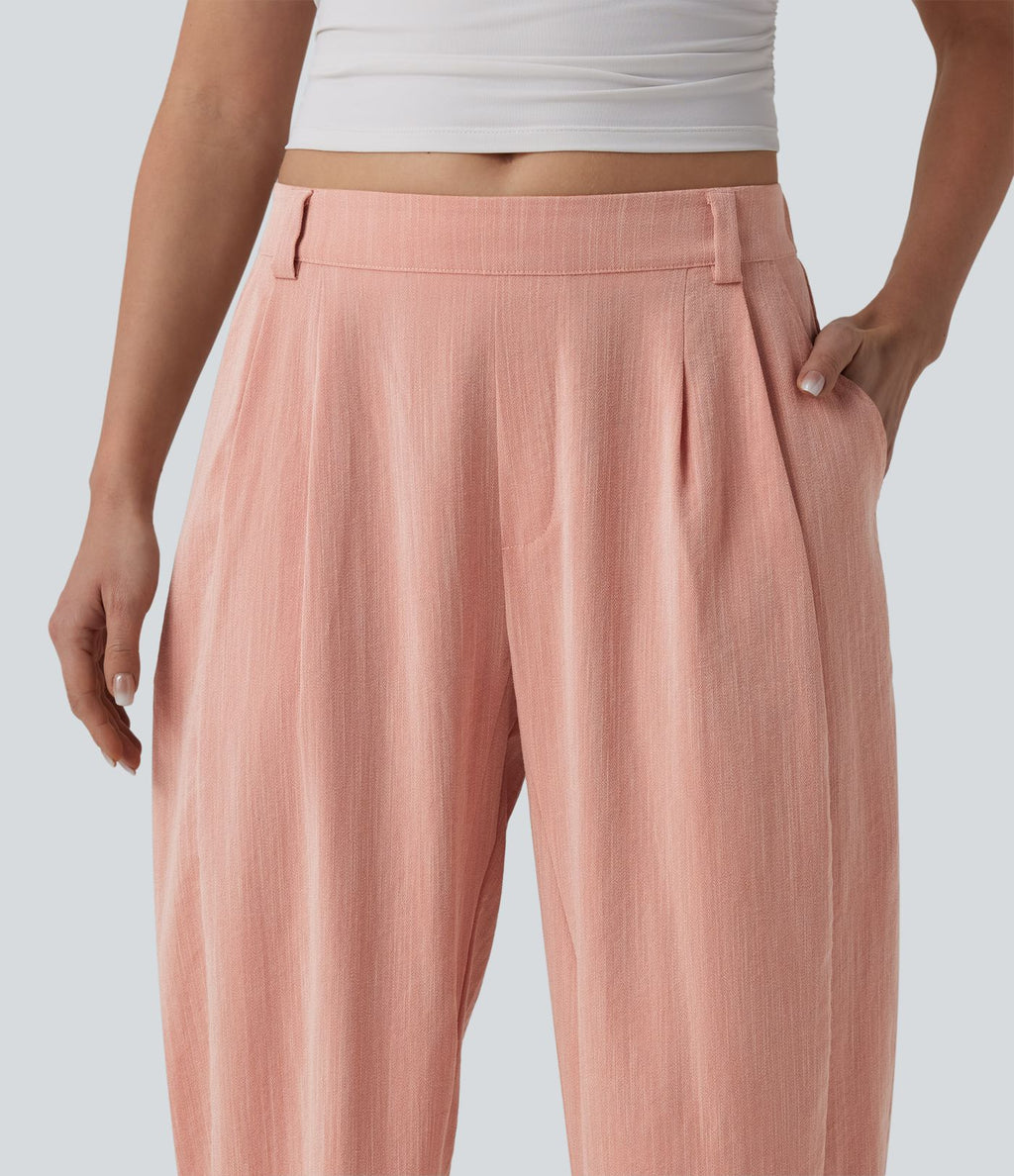Pantalon décontracté coupe ballon taille mi-haute aspect lin avec poches