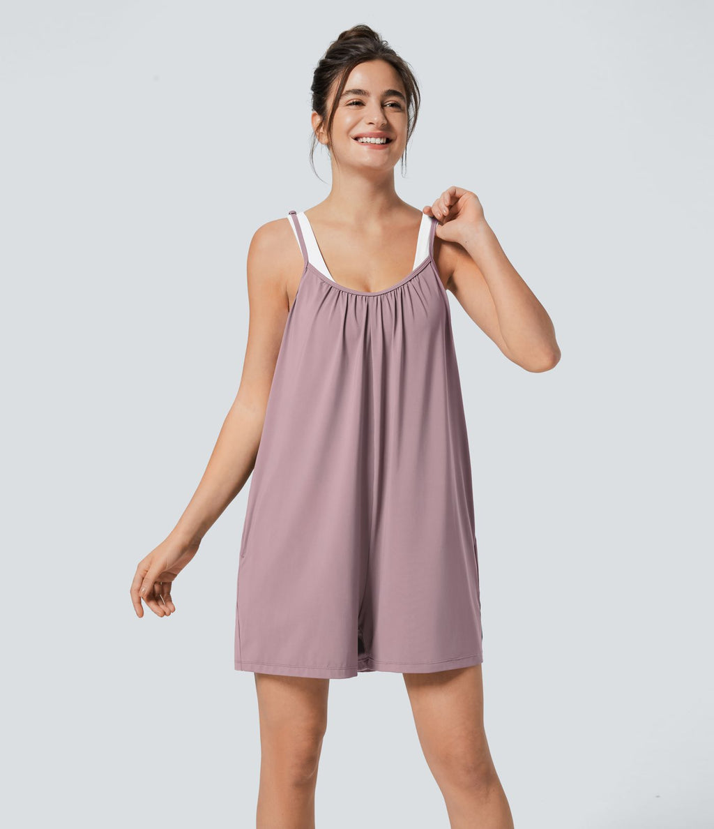 Combinaison Large Casual à Jambes Larges Solide avec Fines Bretelles Réglables Poches Latérales Plissées