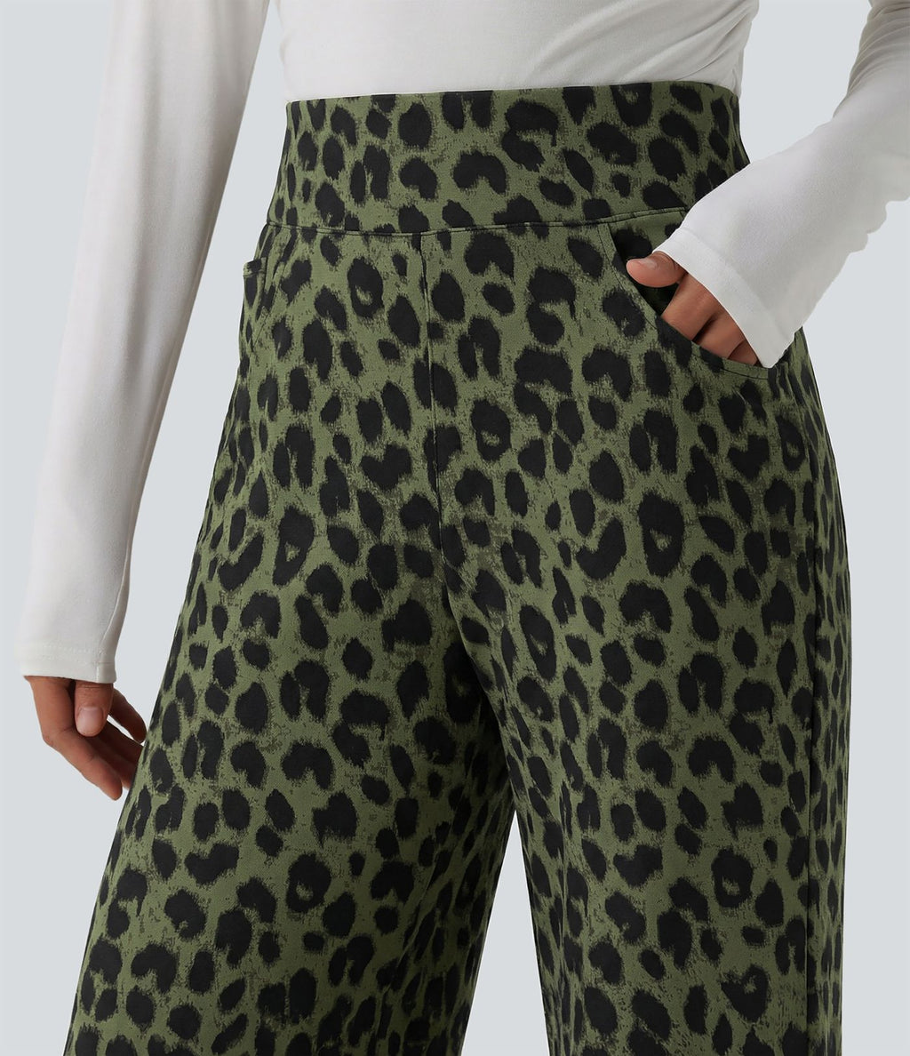 Pantalon large décontracté taille haute gaufré imprimé léopard avec poches