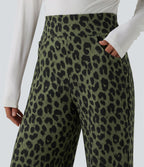 Pantalon large décontracté taille haute gaufré imprimé léopard avec poches