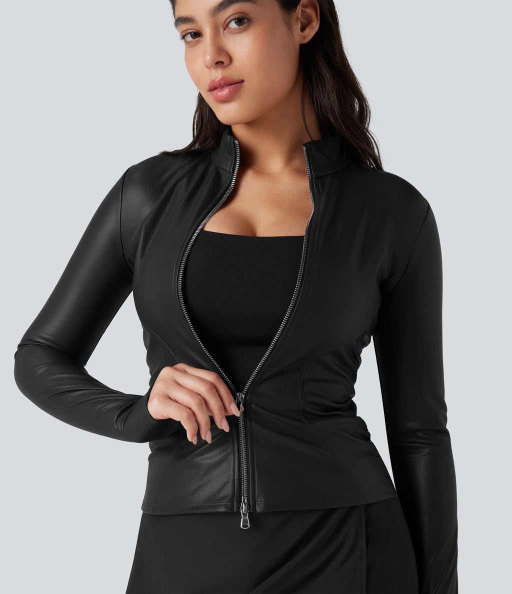 Veste décontractée en tissu enduit molleton col officier manches longues à trous pouces