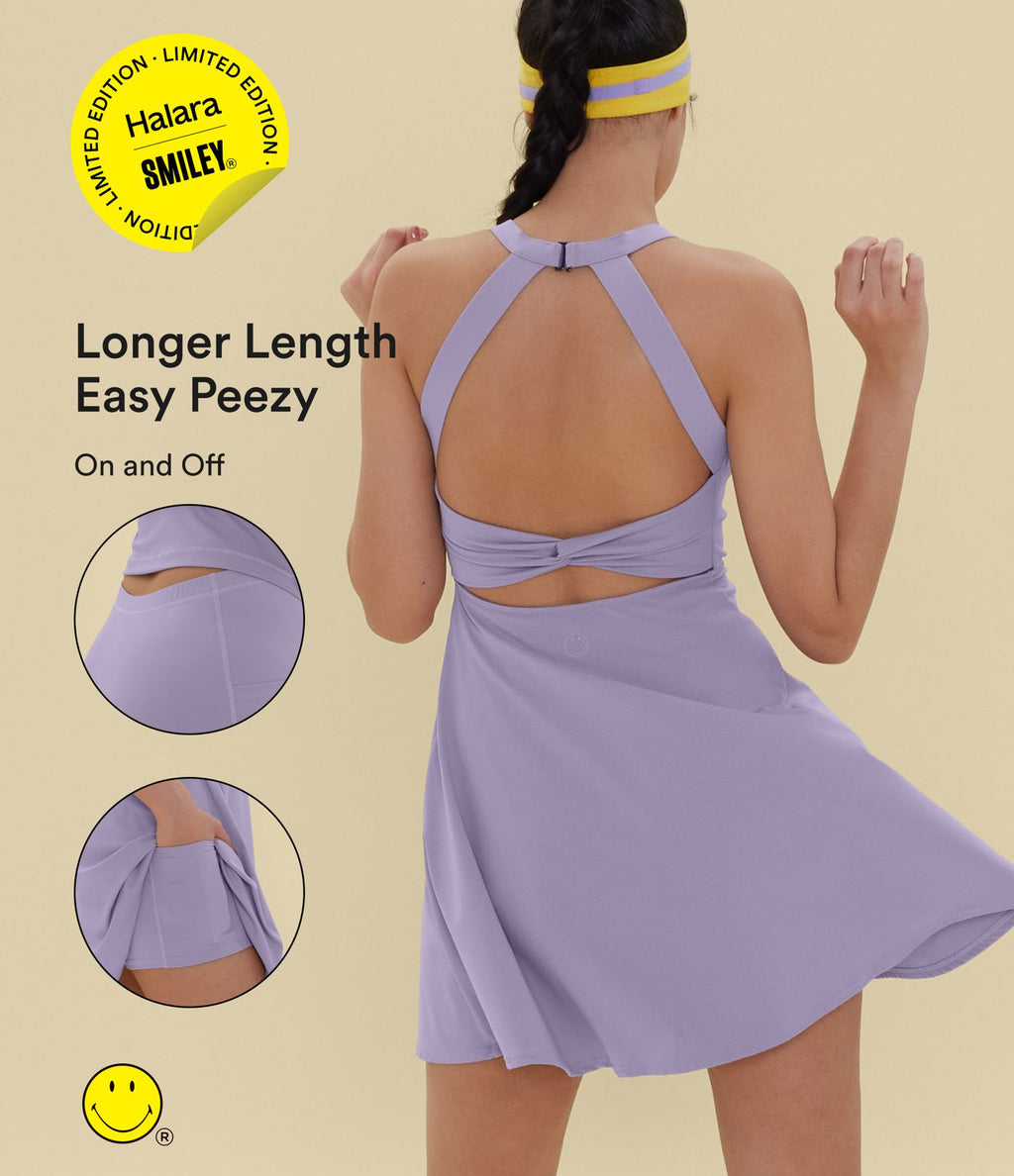 Robe sport évasée dos ouvert torsadé Halara X Smiley® SoftlyZero™ Airy avec poches – Longueur allongée – Édition Easy Peasy – Bonnets A à D