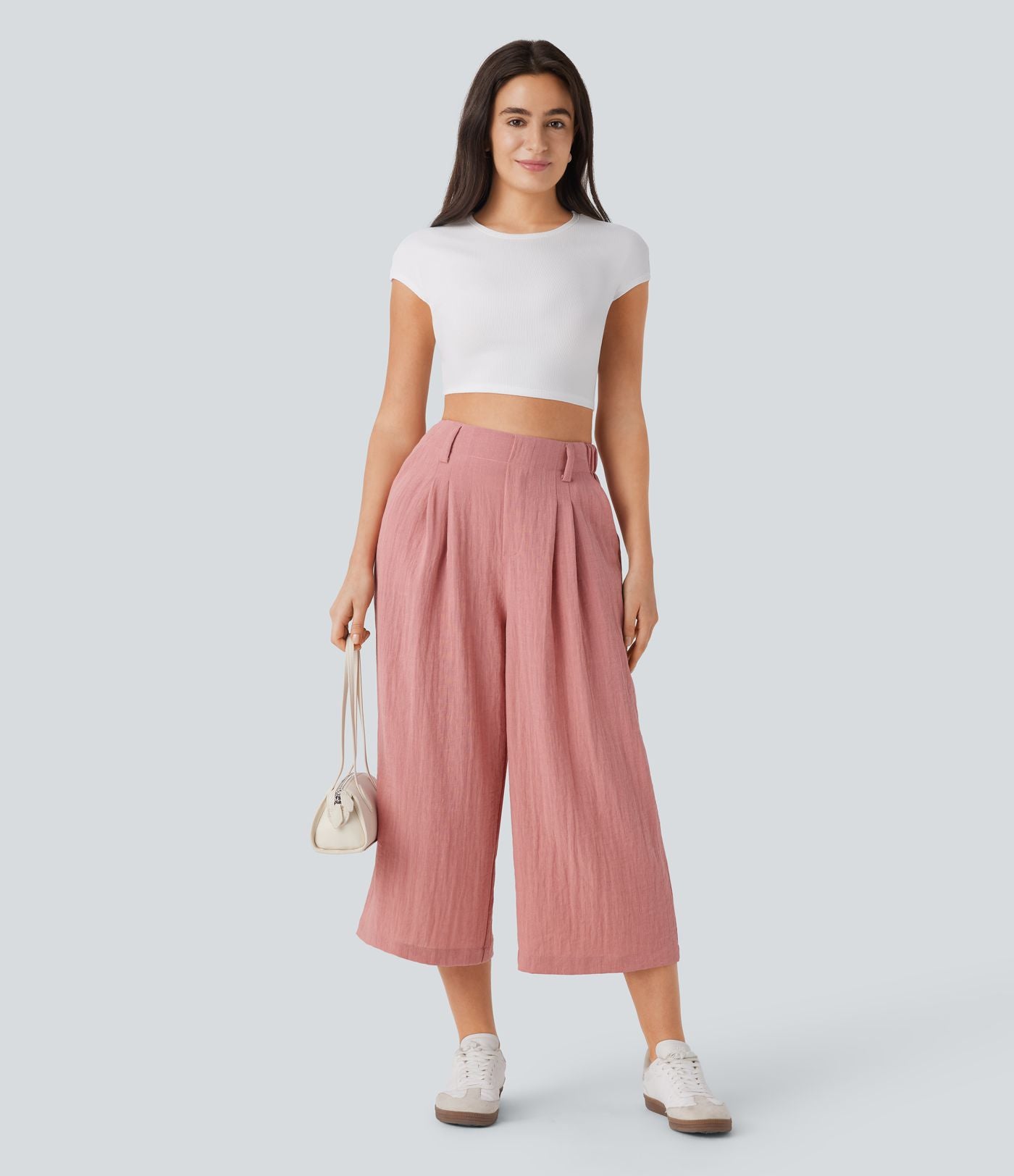 Pantalon décontracté palazzo capri uni effet lin, taille haute, large, avec poches