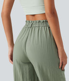 Pantalon décontracté taille haute à jambes larges en mélange de lin avec poches