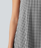 Robe débardeur midi décontractée à col rond sans manches avec soutien-gorge intégré en tissu froissé vichy avec poches