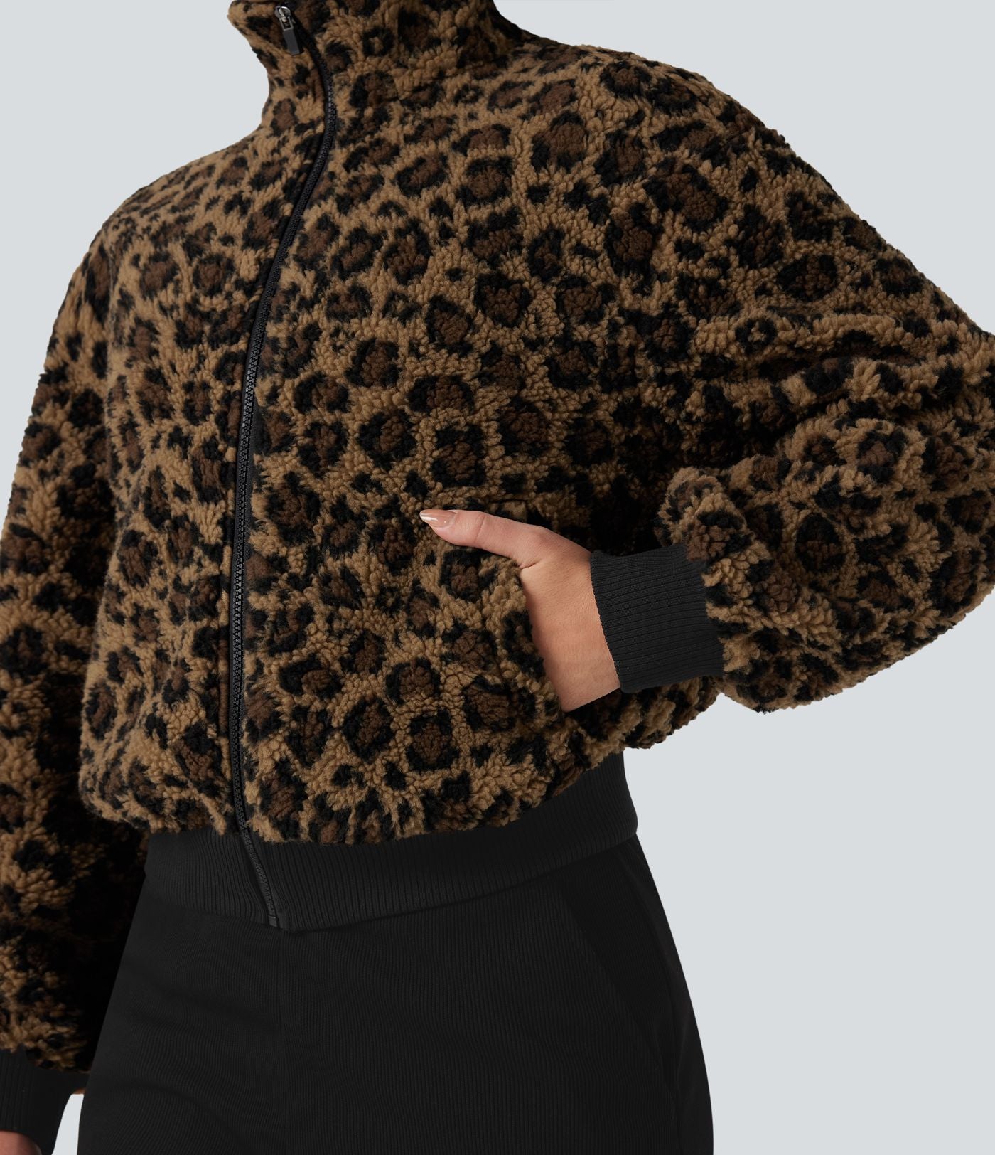 Veste sherpa col montant côtes contrastantes avec fermeture éclair et poches