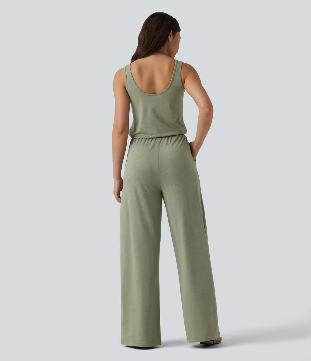 Combinaison casual baggy chinée sans manches à col U et cordon de serrage avec poches — Édition Easy Peasy