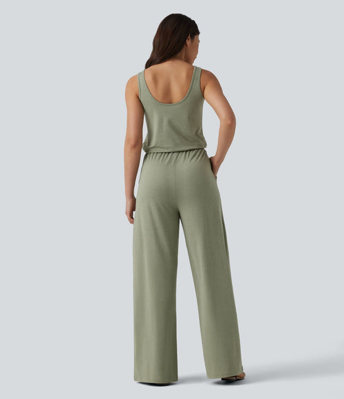 Combinaison casual baggy chinée sans manches à col U et cordon de serrage avec poches — Édition Easy Peasy