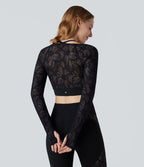 Top yoga court SoftlyZero™ dentelle contrastante dos nu manches longues avec trous pouces