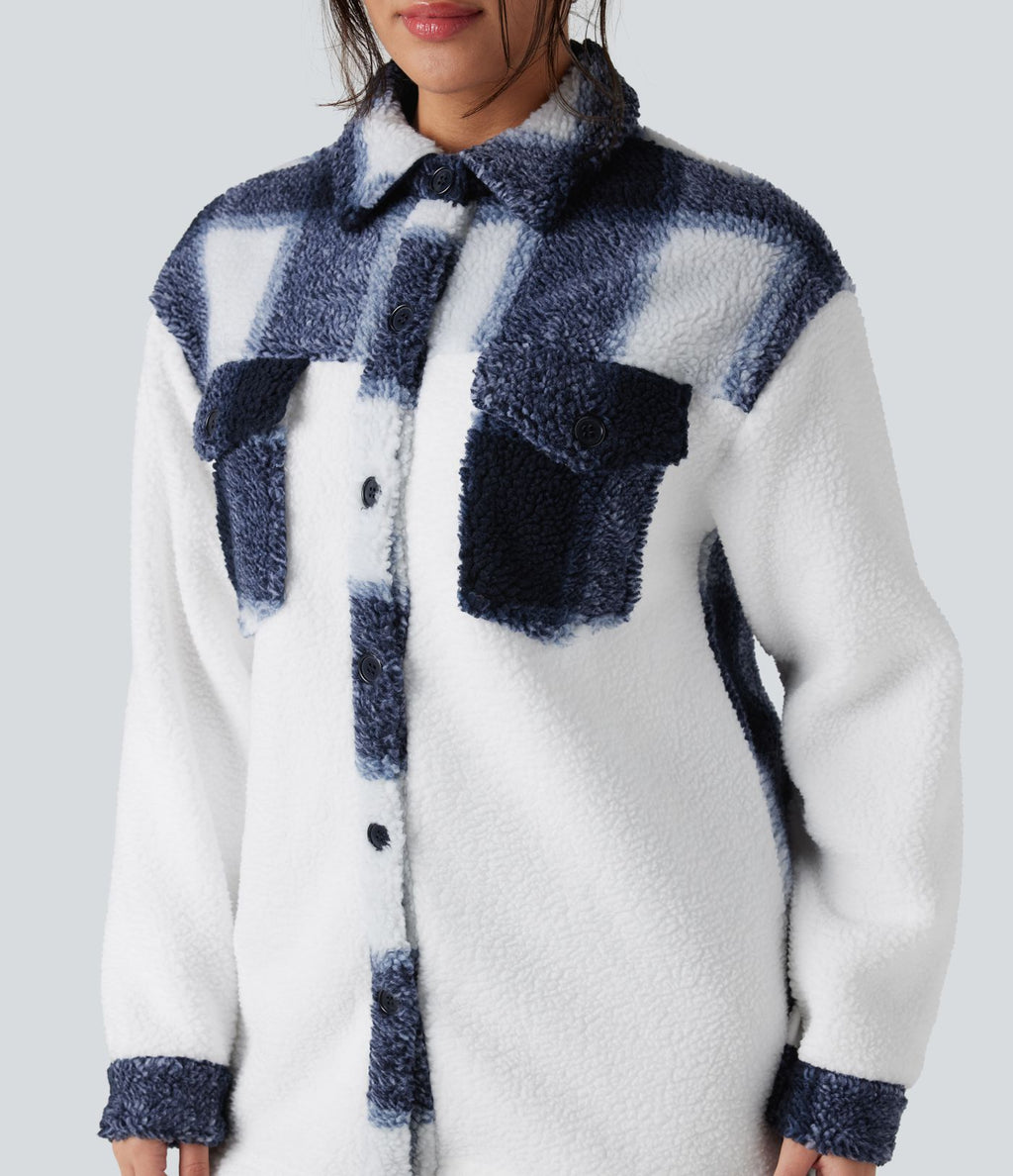 Veste sherpa carreaux color block manches longues avec poches