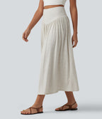 Jupe midi fluide casual taille haute ventre plat en maille côtelée mélange lin