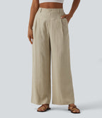 Pantalon large décontracté taille haute aspect lin avec poches