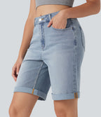 Bermuda décontracté en jean extensible délavé Halara Flex™ taille haute avec revers et multiples poches