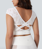 Softlyzero™ Haut de sport de yoga court dos nu avec dentelle contrastée et ourlet croisé-UPF50+