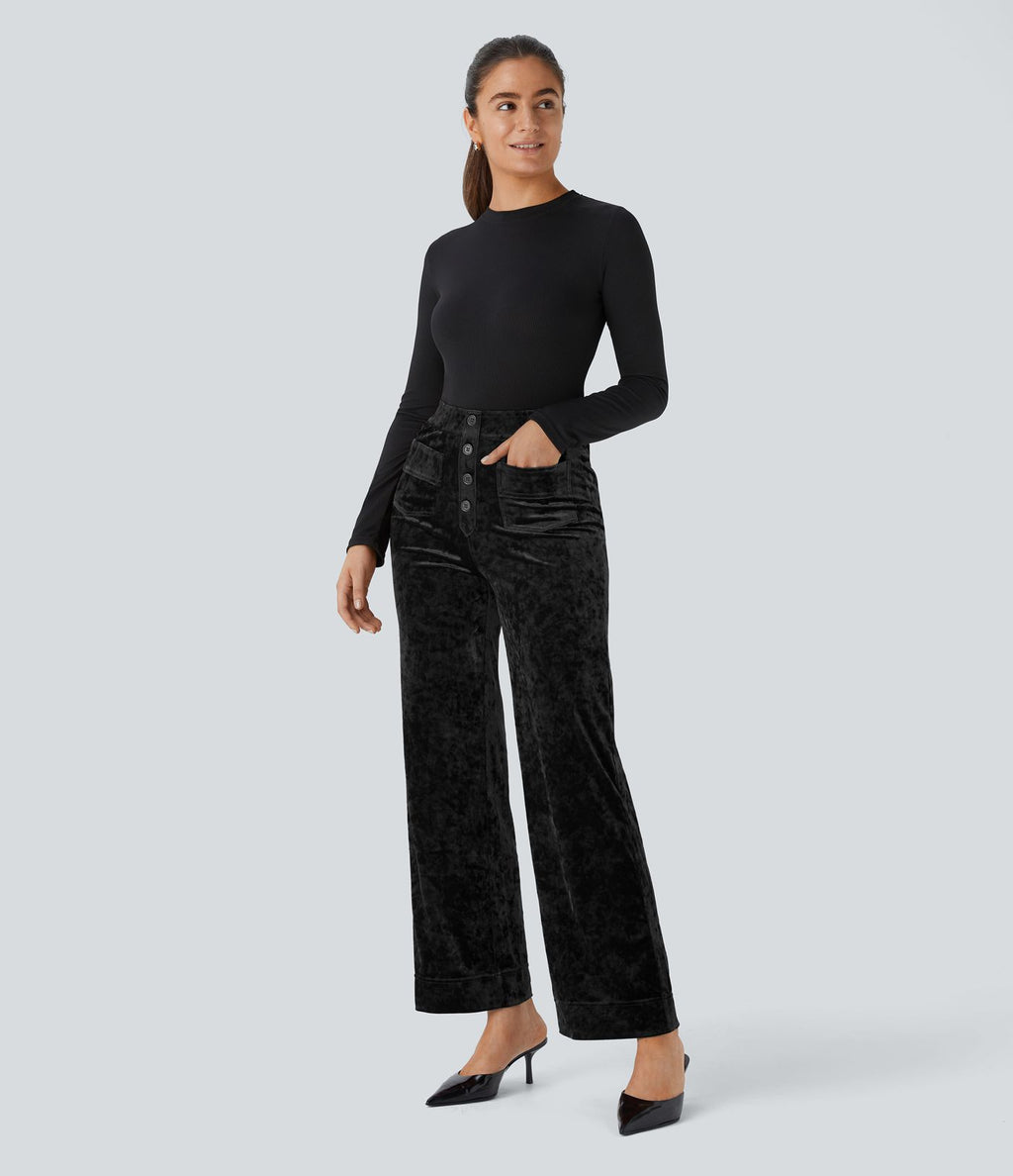 Pantalon en Velours Taille Haute avec Bouton Multipoches Droites