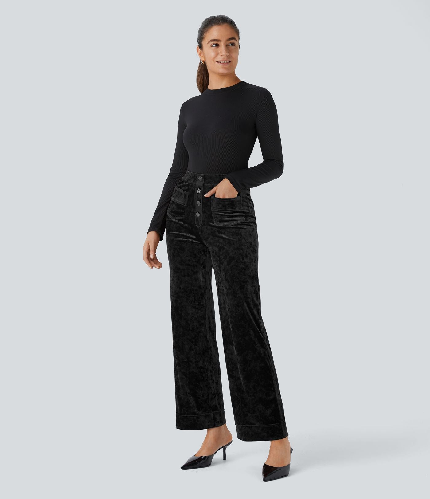 Pantalon en Velours Taille Haute avec Bouton Multipoches Droites