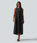 Robe décontractée midi col rond sans manches à rayures dos ajouré avec poches
